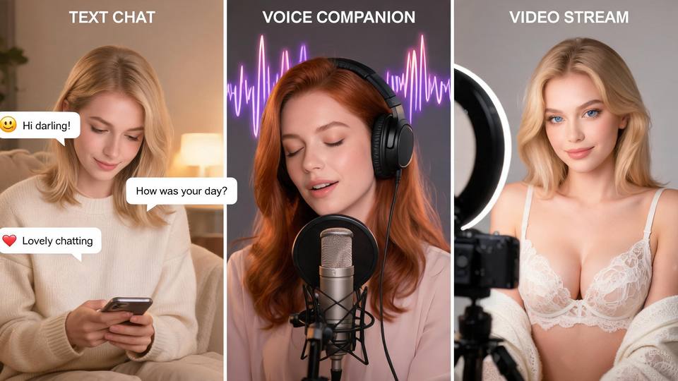 Quanto Custa uma Acompanhante Virtual? Guia de Formatos, Tempo e ExperiênciaComparação visual dos três formatos de atendimento virtual com profissionais europeias - chat privado, chamada de voz e videochamada premium com iluminação profissional
