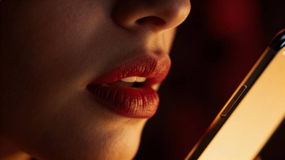 Dirty talk e sexting: lábios femininos com batom vermelho sussurrando próximo a um celular em ambiente escuro e sensual