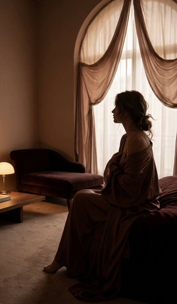 mulher olhando para a parede sentada na cama de forma sensual