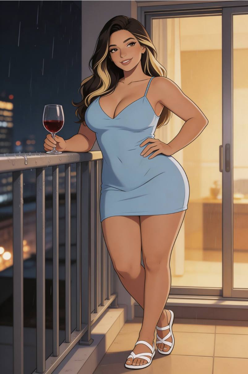 Ilustração em estilo cartoon de blog erótico, bela mulher brasileira chamada Flávia, cerca de 35 anos, pele morena clara, cabelos longos com luzes, corpo curvilíneo voluptuoso com coxas grossas, quadris largos, seios fartos, vestindo um vestido azul claro curto com alcinhas finas e decote profundo,