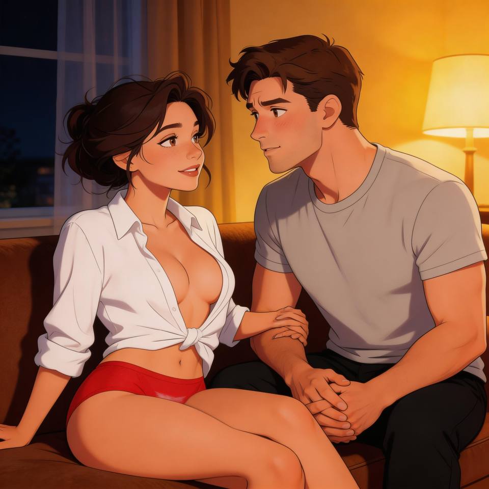 Ilustração em desenho animado sensual de uma mulher adulta sedutora e seu vizinho adulto tímido em uma sala à noite, sentados próximos no sofá, com clima íntimo, secreto e carregado de desejo.