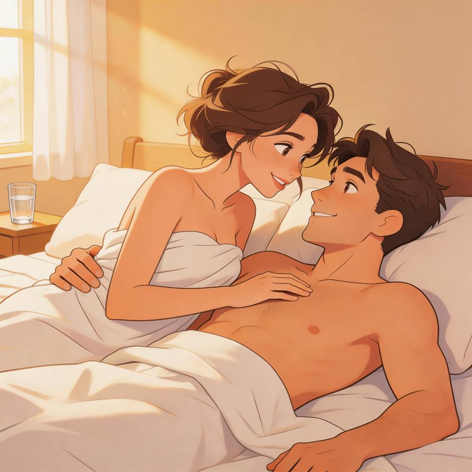 Ilustração em desenho animado sensual de um casal adulto na cama, pela manhã, envolto em lençóis brancos, com luz quente entrando pela janela e clima íntimo de pós-noite de amor.