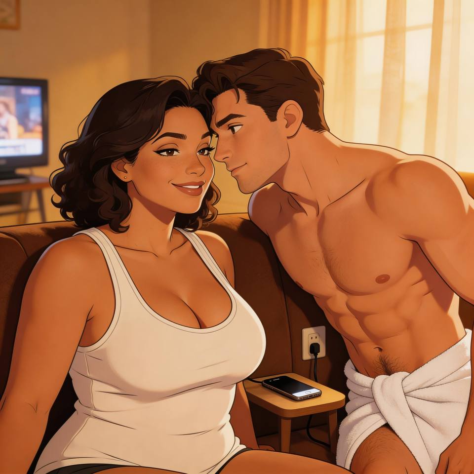 Desenho erótico em estilo cartoon mostrando uma mulher madura sensual sentada no sofá ao lado de um homem adulto em uma sala, com TV ao fundo, atmosfera provocante e forte tensão sexual.